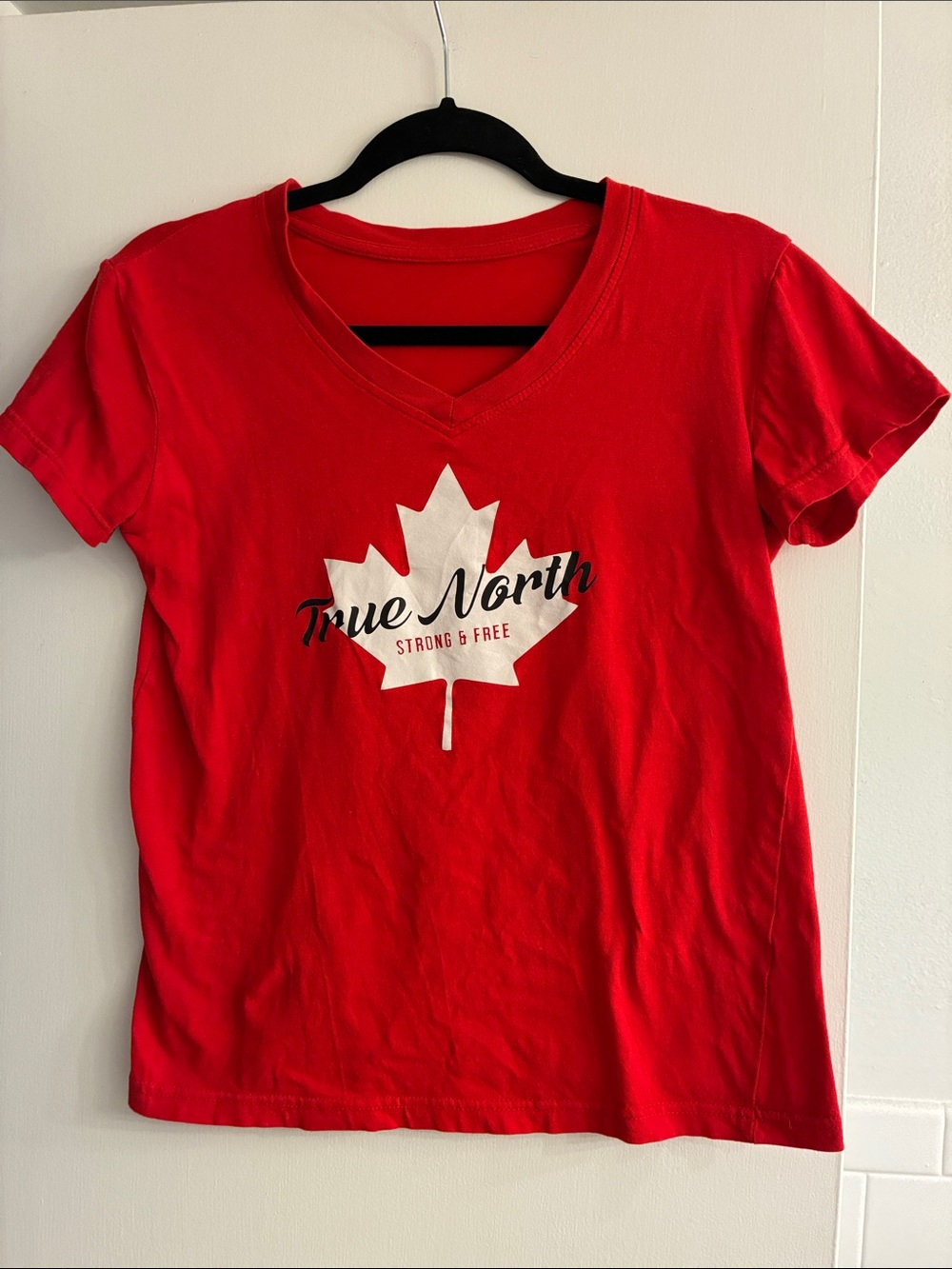 True North Women's Red V-Neck Tee with Maple Graphic